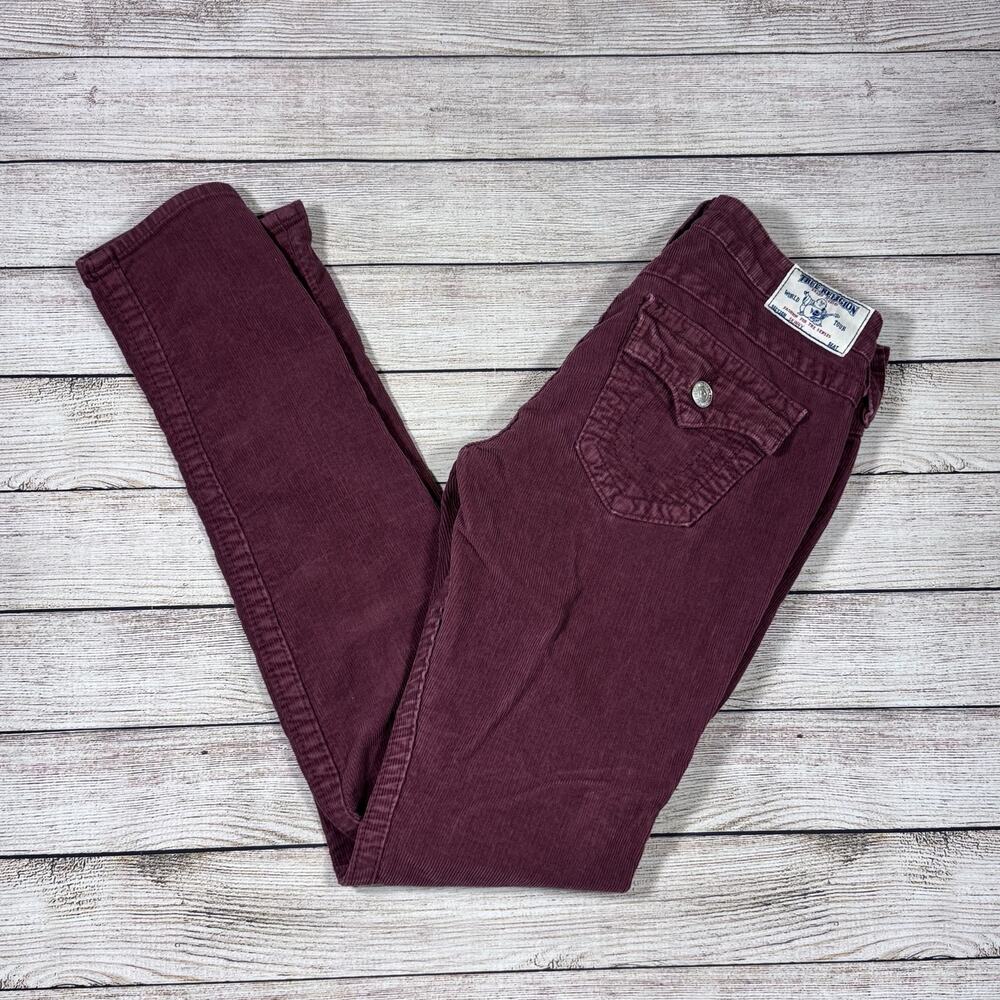 True Religion Skinny Corduroy Pants Maroon Size 28 Low Rise Button Zip